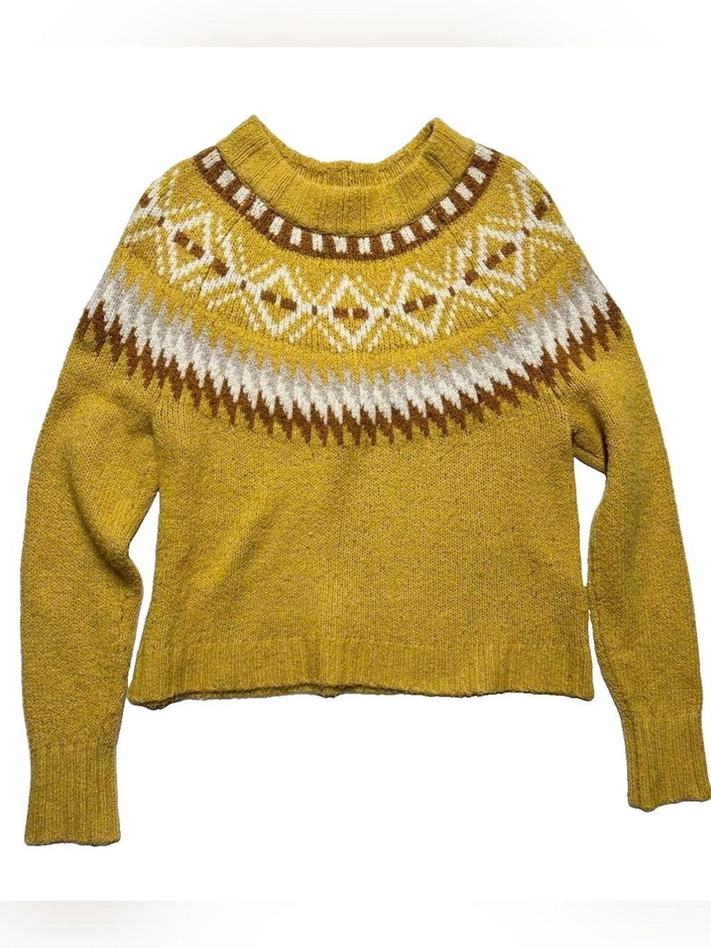 American Eagle Womens Small Fair Isle Nordic Sweater Mustard Yellow Cozy Knit